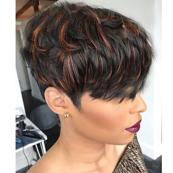 Short Layered Wavy Curly Wig with Bangs Brown Highlights Human Hair Pixie Cut Wi